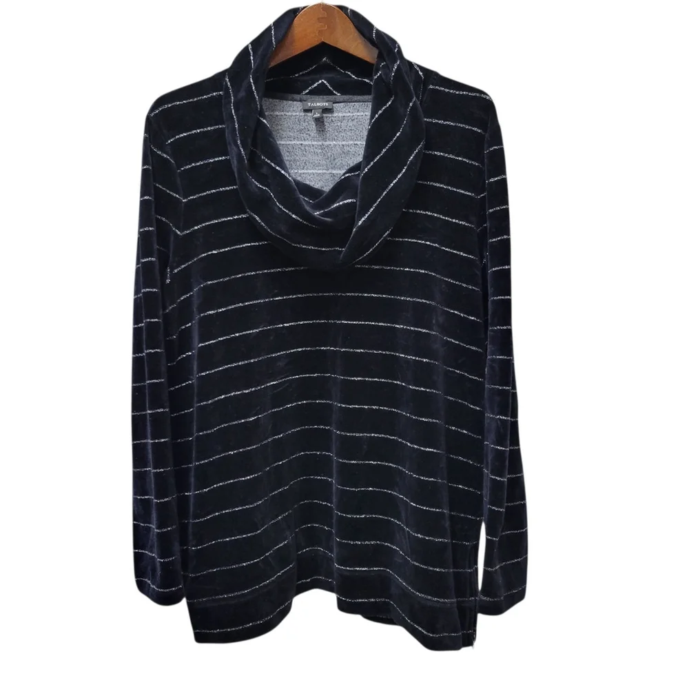 Talbots Women's Black Velour Silver Striped Cowl-Neck Pullover Sweater Large